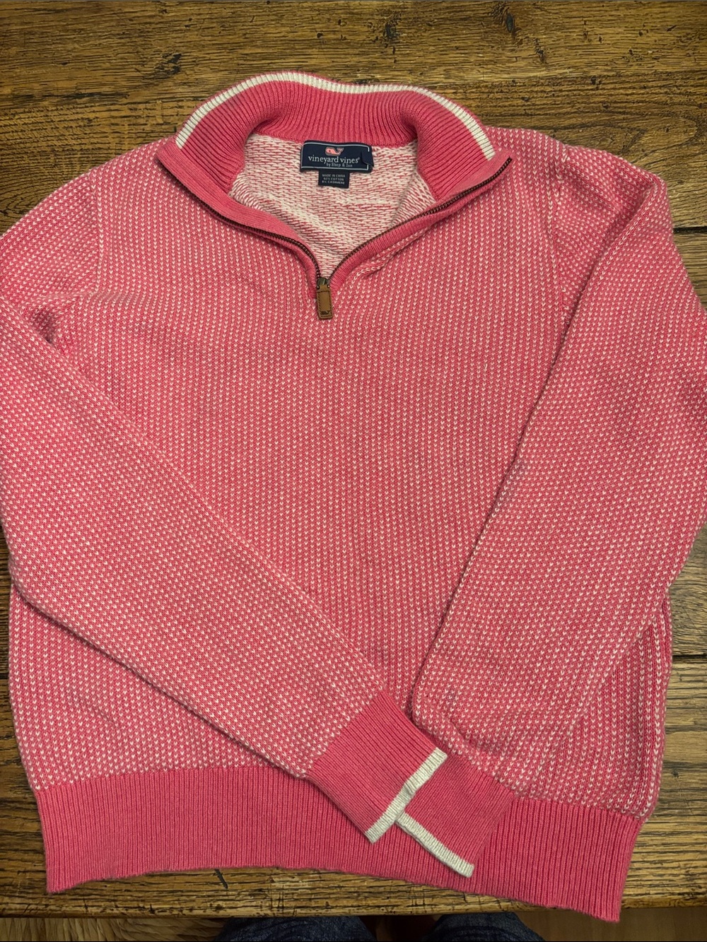 Vineyard Vines Men’s Coral Pink Zip-Up Sweater with White Trim